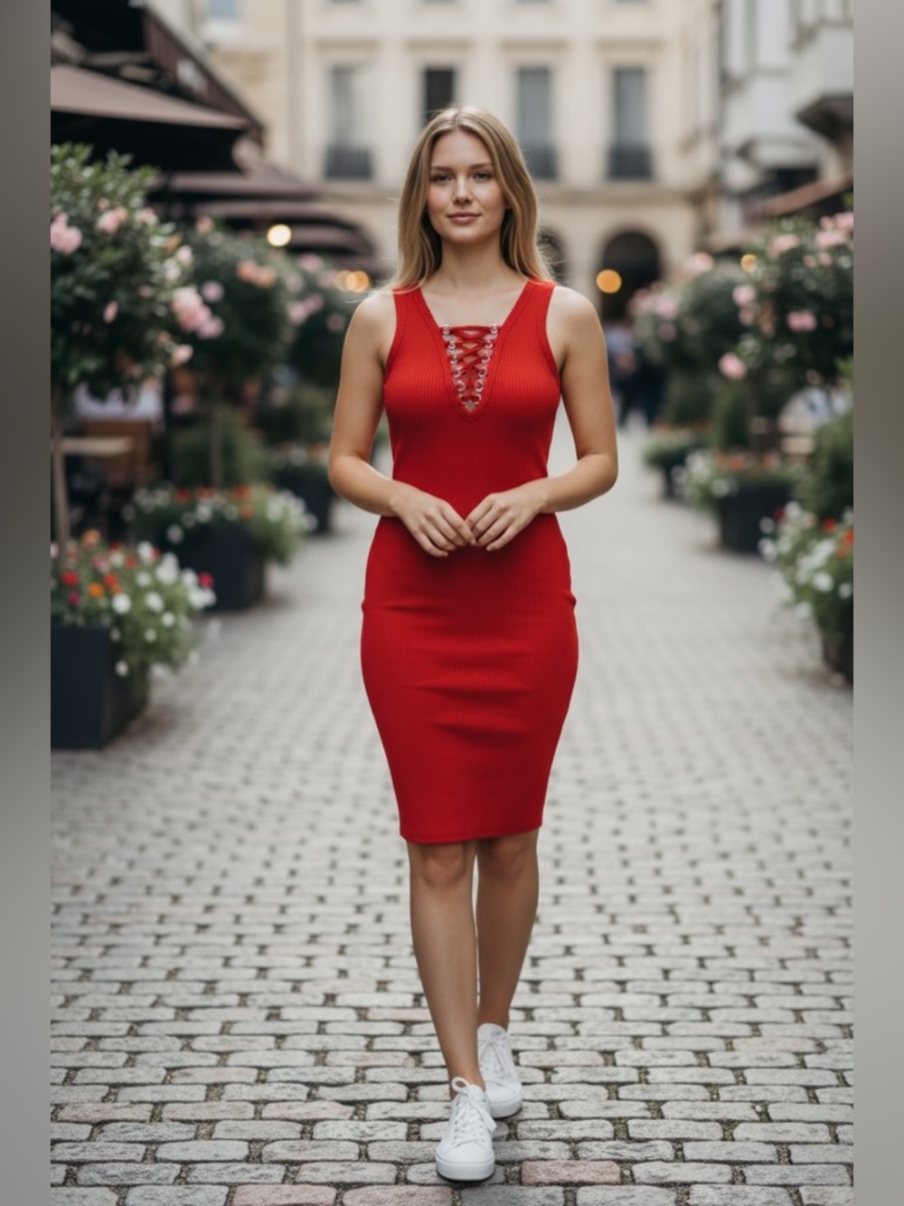 bebe Red Lace-Up V-Neck Sleeveless Midi Dress